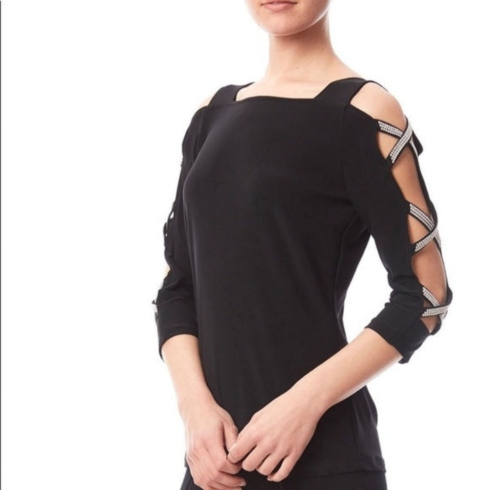 Joseph Ribkoff rhinestone Black Long Sleeve Top with Cutout Details - Picture 2 of 7